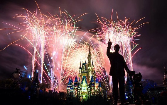 Spectacular fireworks display over Cinderella's Castle at night